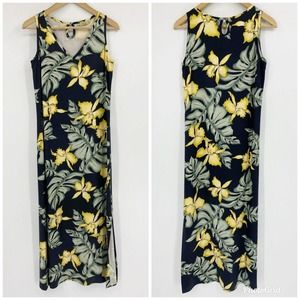 Tommy Bahama Sleeveless 100% Silk Maxi Dress Black Yellow Hawaiian Floral Sz XS
